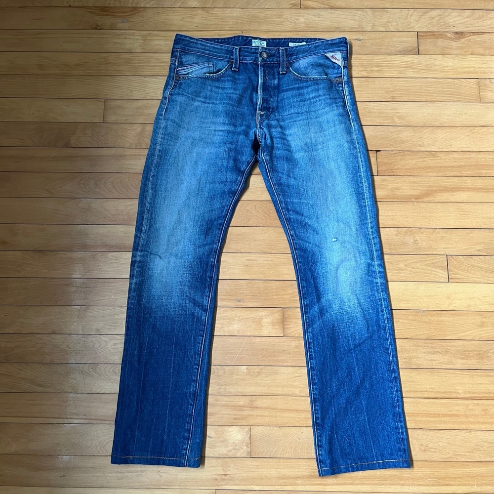 Replay Waitom Regular Slim Fit Jeans Mens 32x36 Medium Wash Blue Denim M983